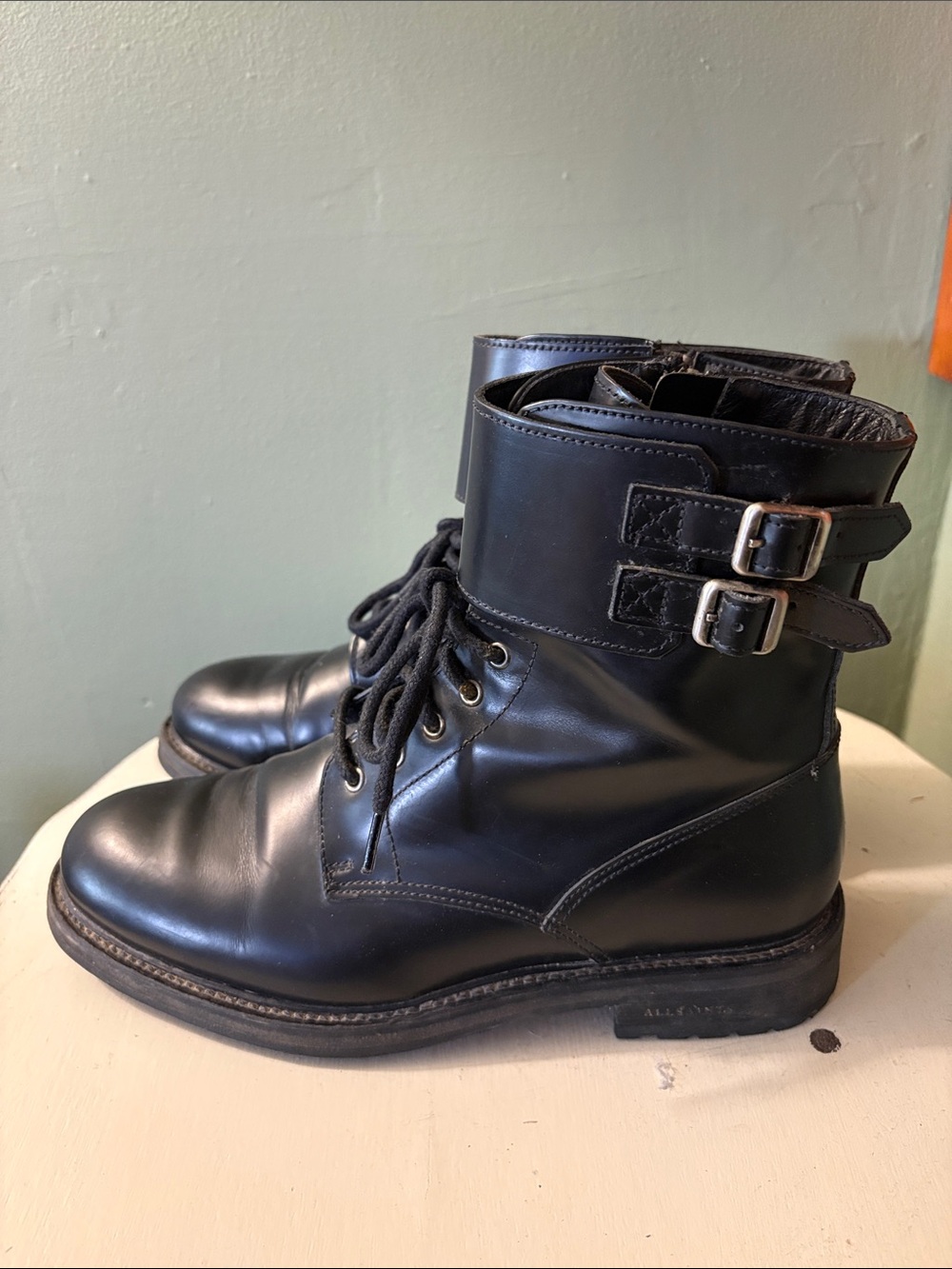 All Saints Black Leather Lace-Up Combat Ankle Boots with Buckle Straps . Size 36